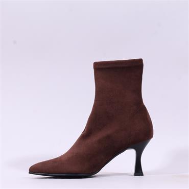 Miss Elastic High Heel Point Ankle Boot - Brown Stretch